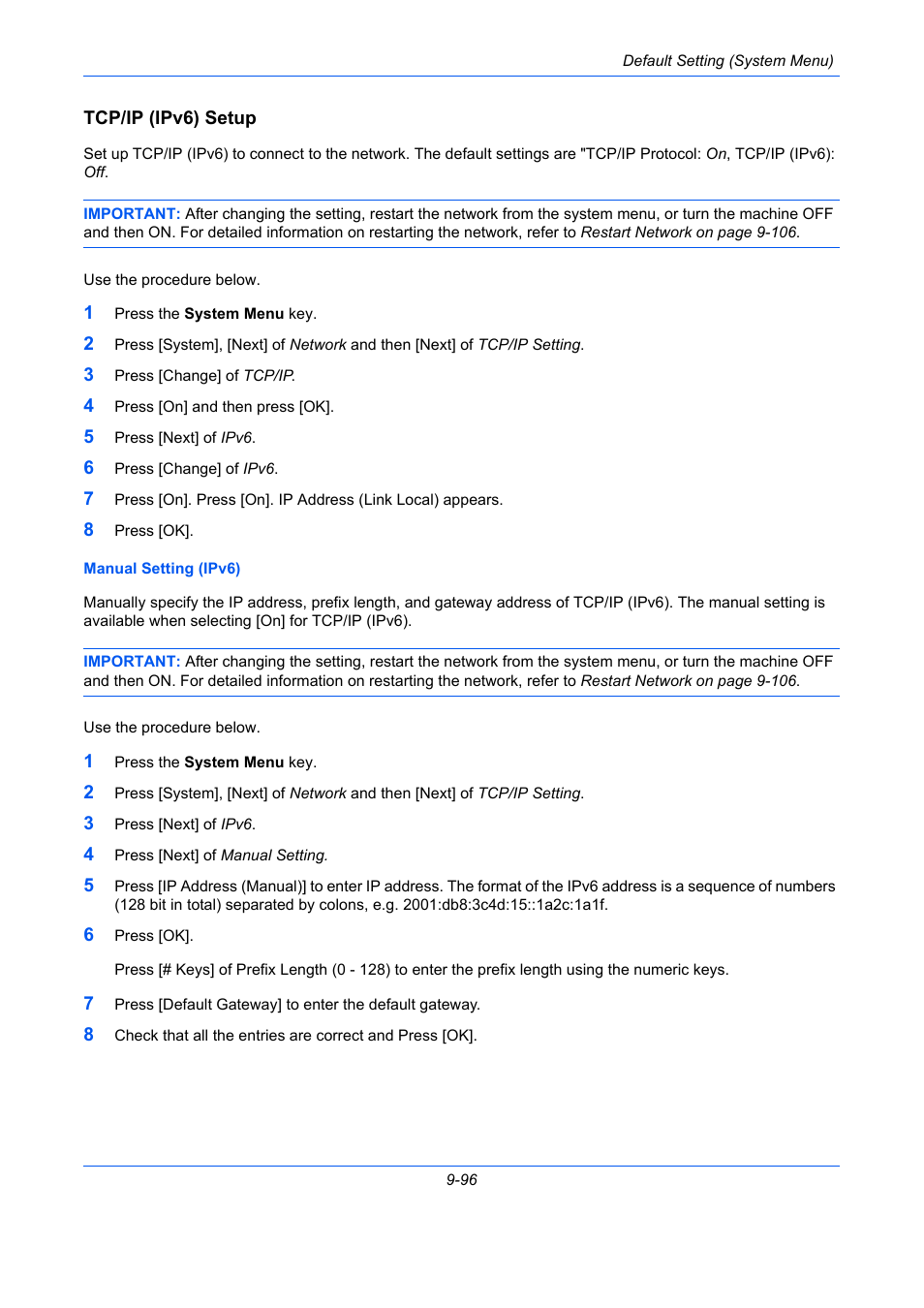 Tcp/ip (ipv6) setup, Tcp/ip (ipv6) setup …9-96 | TA Triumph-Adler DC 2435 User Manual | Page 394 / 568