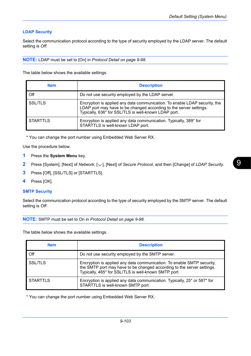 E 9-103), Ldap security …9-103, Smtp security …9-103 | TA Triumph-Adler DC 2435 User Manual | Page 401 / 568