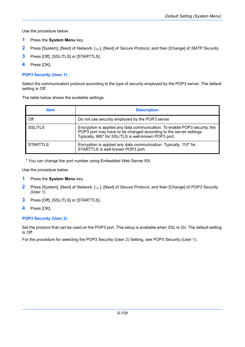 E 9-104), Pop3 security (user 1), Pop3 security (user 2) | TA Triumph-Adler DC 2435 User Manual | Page 402 / 568