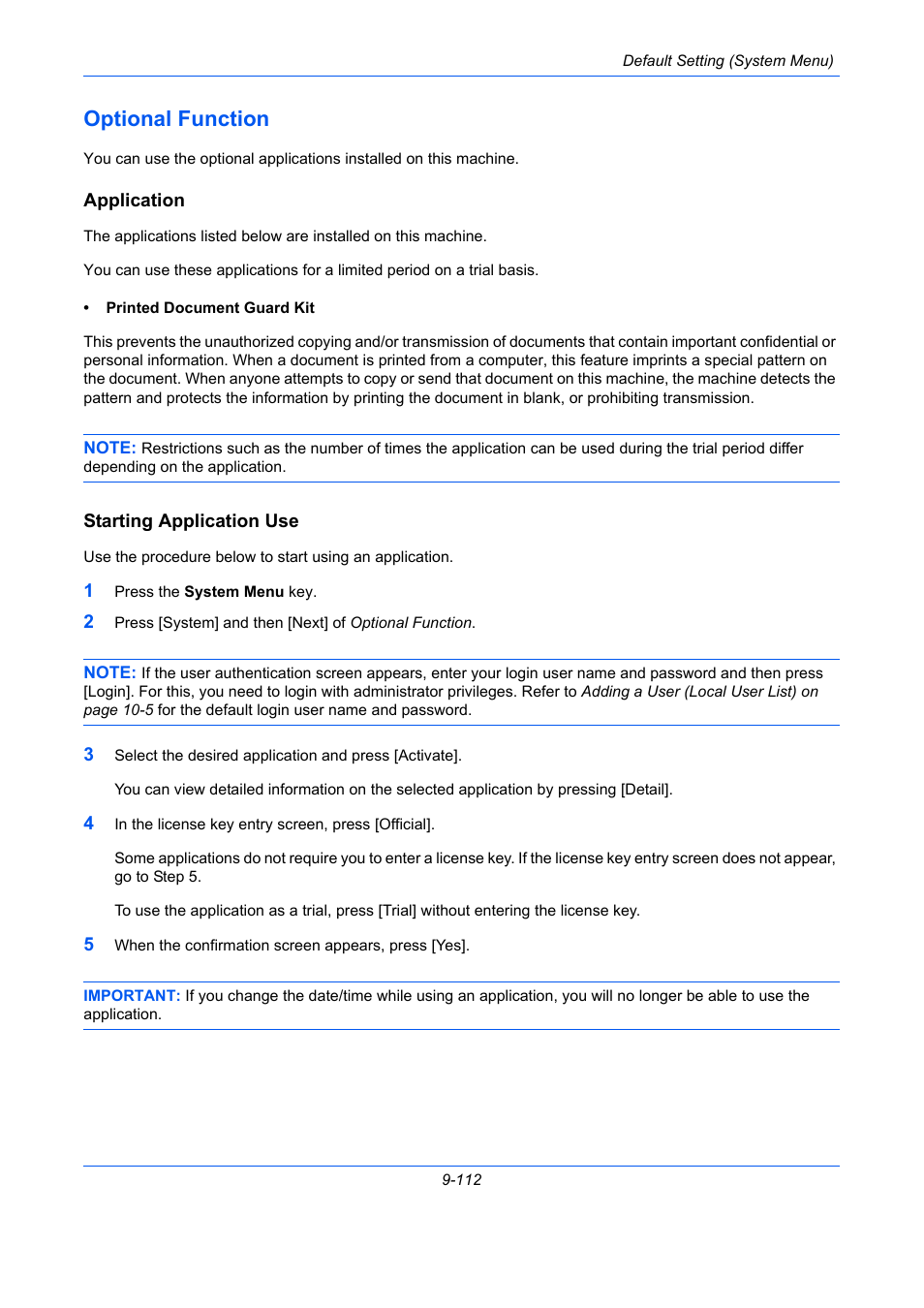 Optional function, Application, Starting application use | Optional function -112, E 9-112) | TA Triumph-Adler DC 2435 User Manual | Page 410 / 568