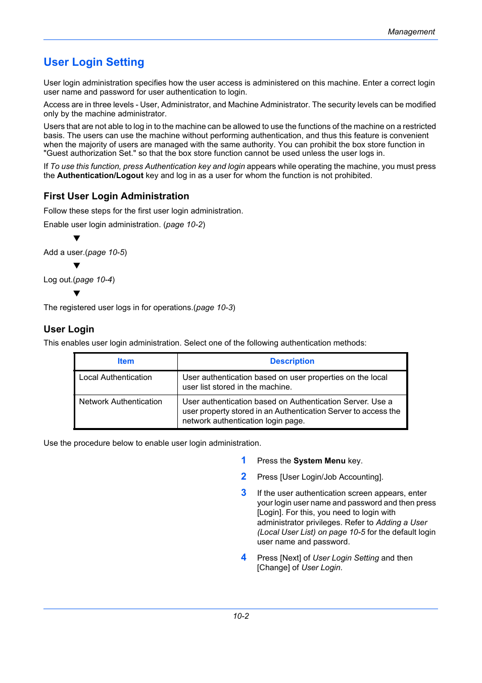 User login setting, First user login administration, User login | User login setting -2, E 10-2 | TA Triumph-Adler DC 2435 User Manual | Page 414 / 568