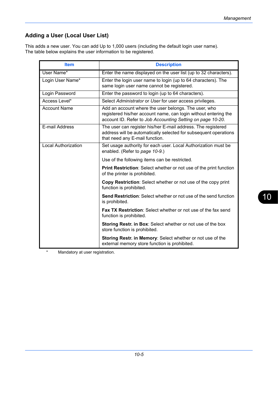 Adding a user (local user list), Ge 10-5) | TA Triumph-Adler DC 2435 User Manual | Page 417 / 568