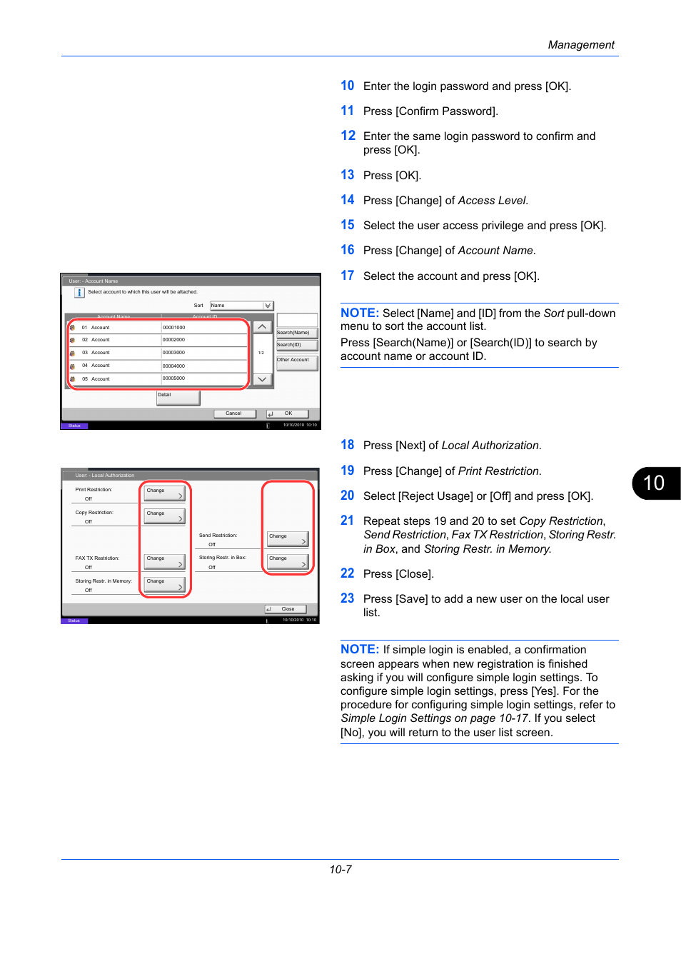 Management 10-7, Enter the login password and press [ok, Press [confirm password | Press [ok, Press [change] of access level, Select the user access privilege and press [ok, Press [change] of account name, Select the account and press [ok, Press [next] of local authorization, Press [change] of print restriction | TA Triumph-Adler DC 2435 User Manual | Page 419 / 568