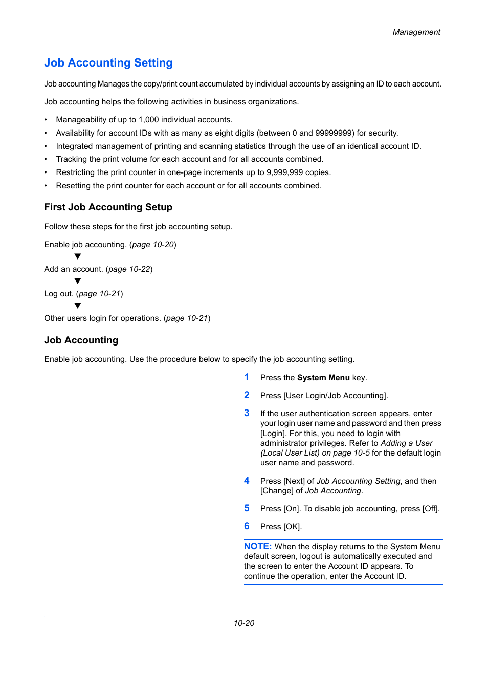 Job accounting setting, First job accounting setup, Job accounting | Job accounting setting -20, E 10-20) | TA Triumph-Adler DC 2435 User Manual | Page 432 / 568