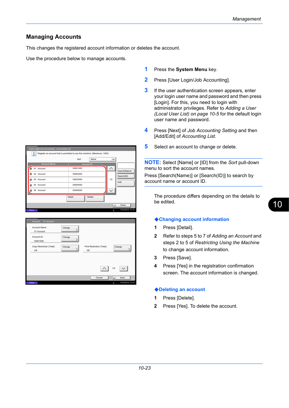 Managing accounts, Management 10-23, Press the system menu key | Press [user login/job accounting, Select an account to change or delete | TA Triumph-Adler DC 2435 User Manual | Page 435 / 568