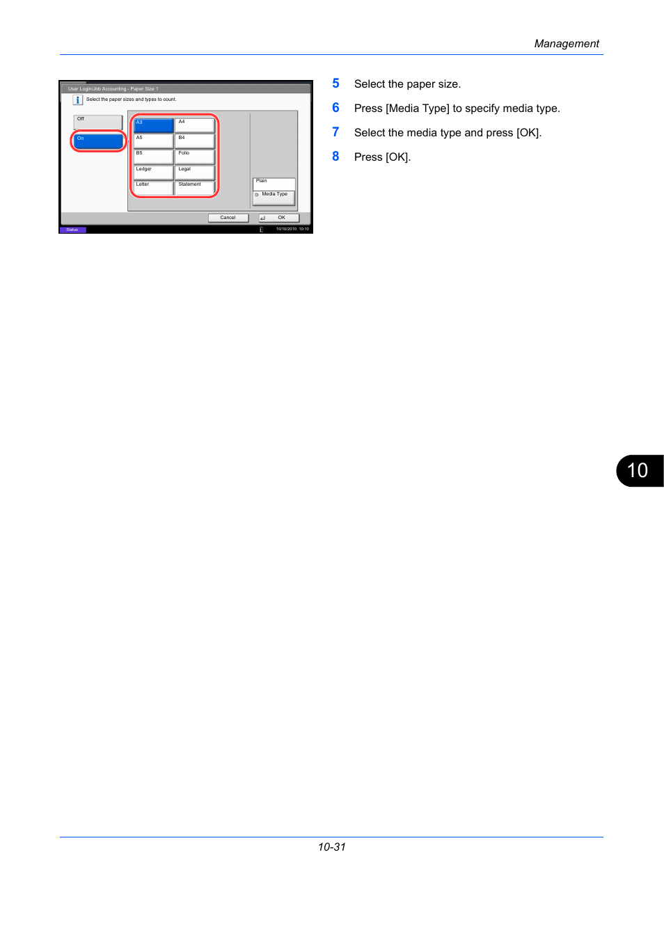 Management 10-31, Select the paper size, Press [media type] to specify media type | Select the media type and press [ok, Press [ok | TA Triumph-Adler DC 2435 User Manual | Page 443 / 568