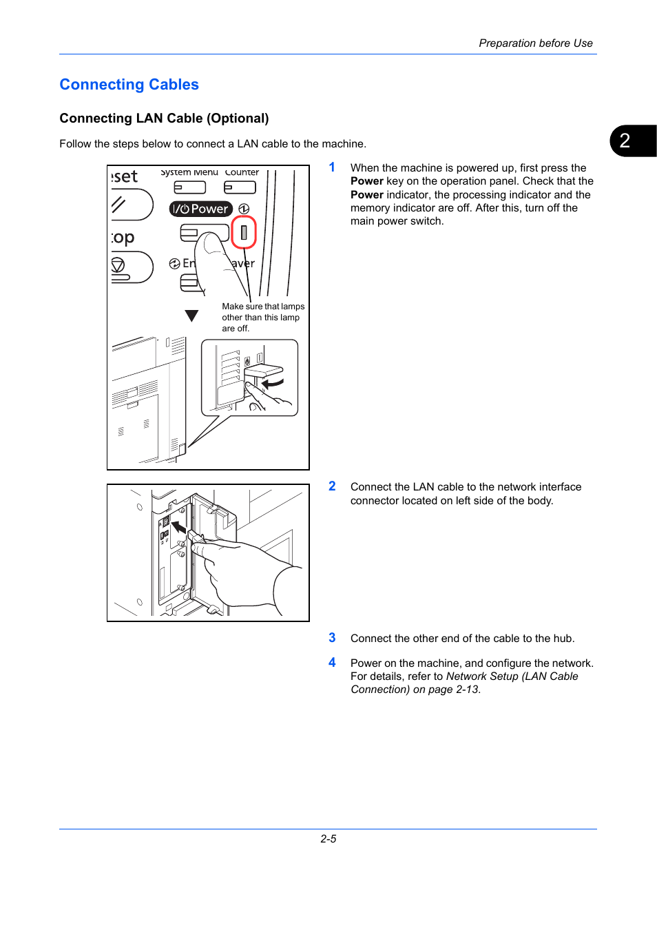 Connecting cables, Connecting lan cable (optional), Connecting cables -5 | TA Triumph-Adler DC 2435 User Manual | Page 51 / 568