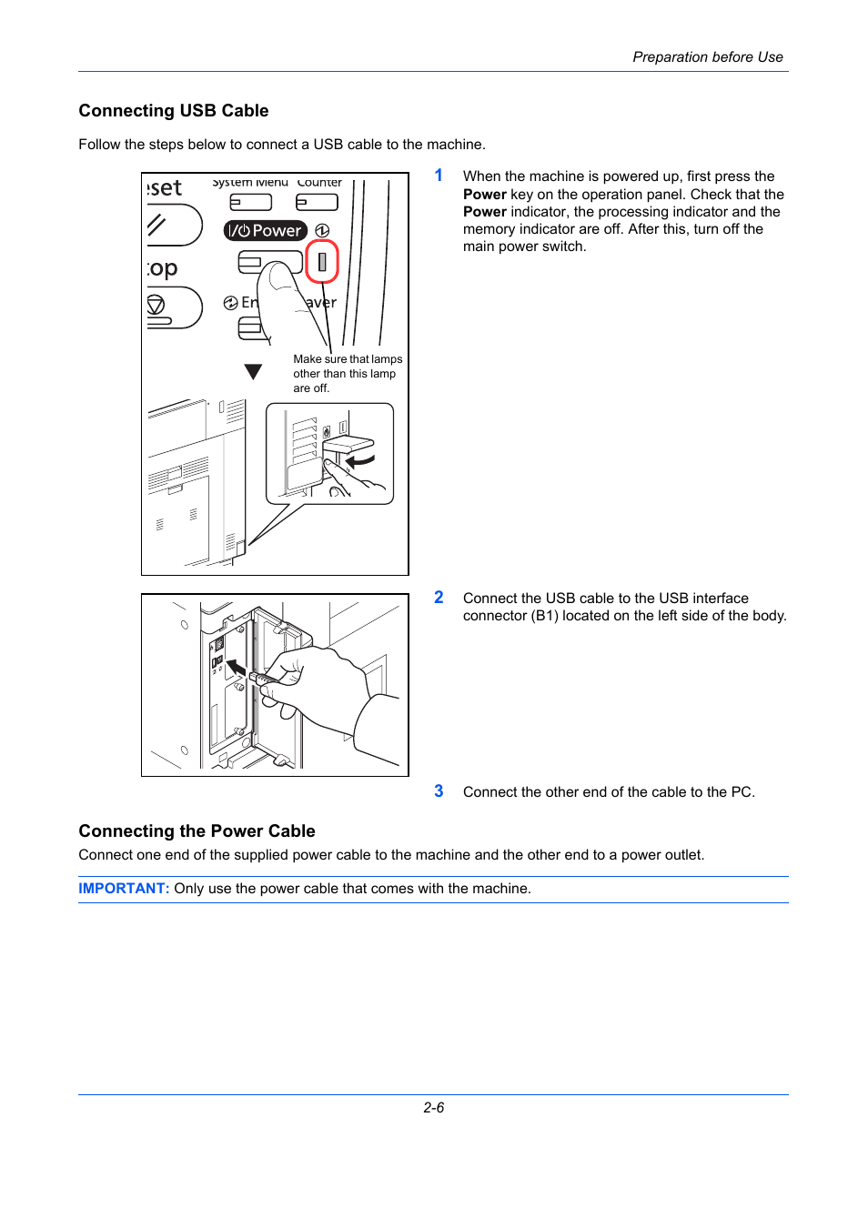 Connecting usb cable, Connecting the power cable | TA Triumph-Adler DC 2435 User Manual | Page 52 / 568