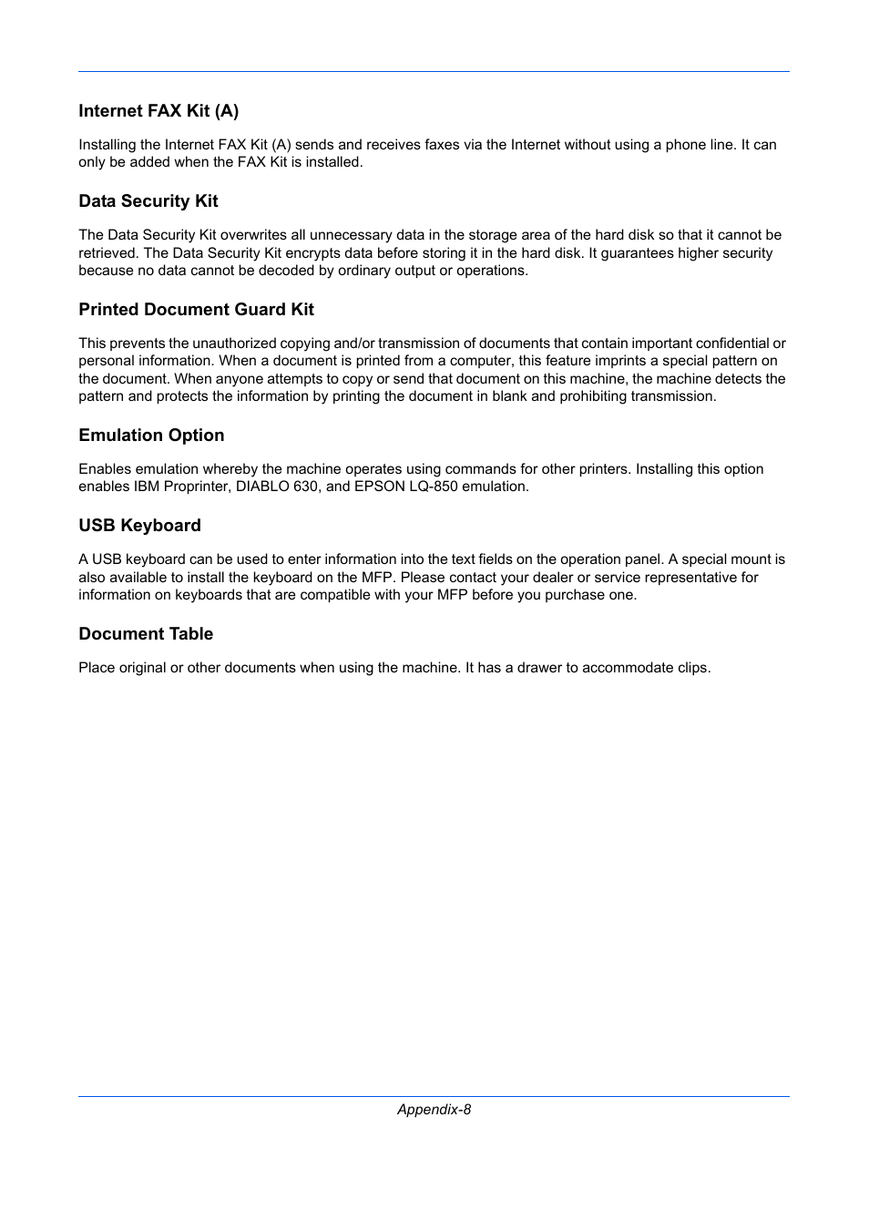 Internet fax kit (a), Data security kit, Printed document guard kit | Emulation option, Usb keyboard, Document table | TA Triumph-Adler DC 2435 User Manual | Page 526 / 568