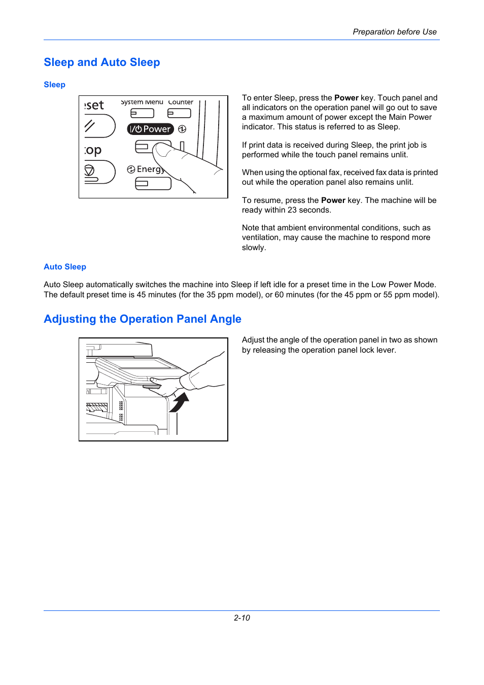 Sleep and auto sleep, Adjusting the operation panel angle, Sleep and auto sleep -10 | Adjusting the operation panel angle -10 | TA Triumph-Adler DC 2435 User Manual | Page 56 / 568