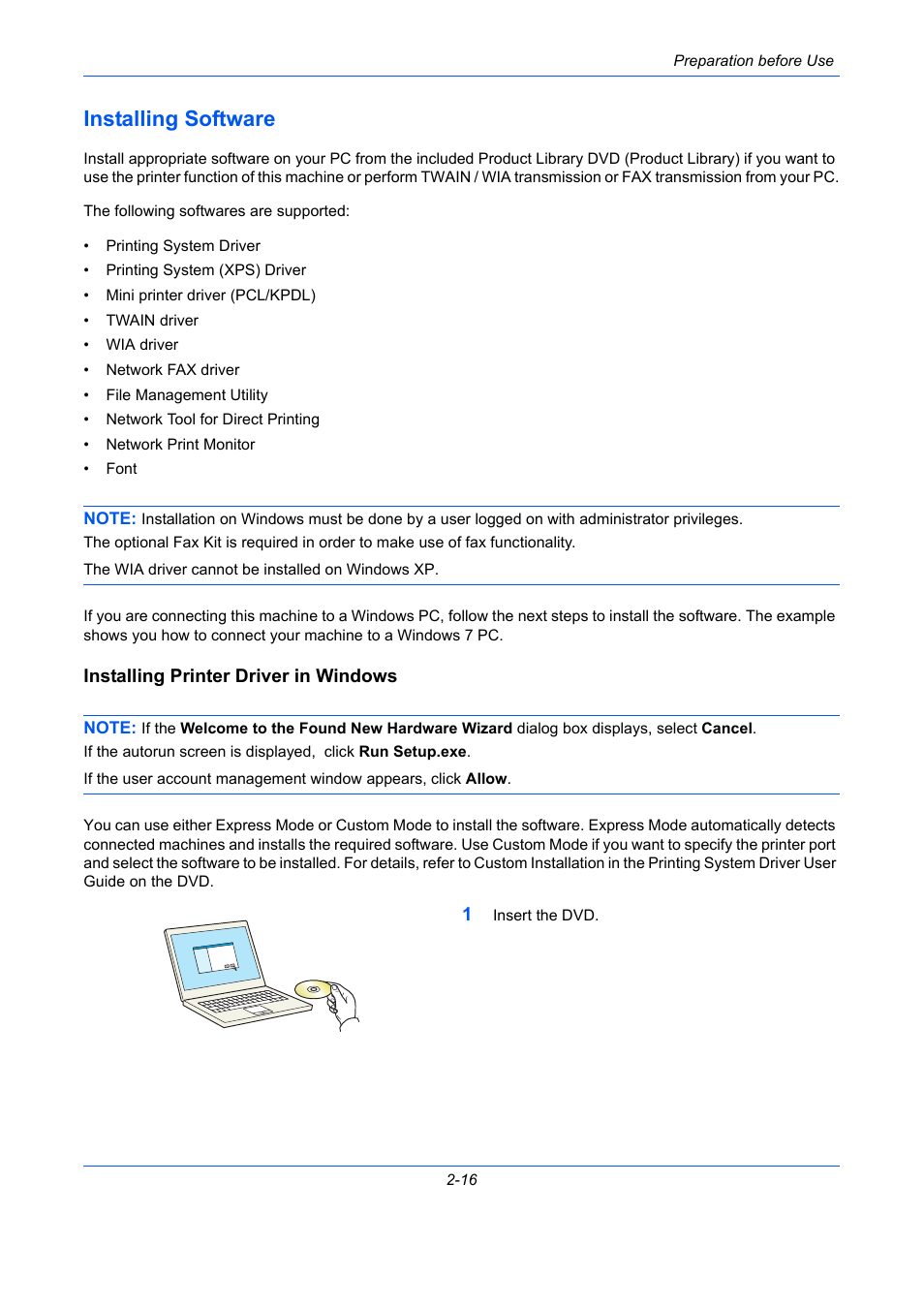 Installing software, Installing printer driver in windows, Installing software -16 | TA Triumph-Adler DC 2435 User Manual | Page 62 / 568