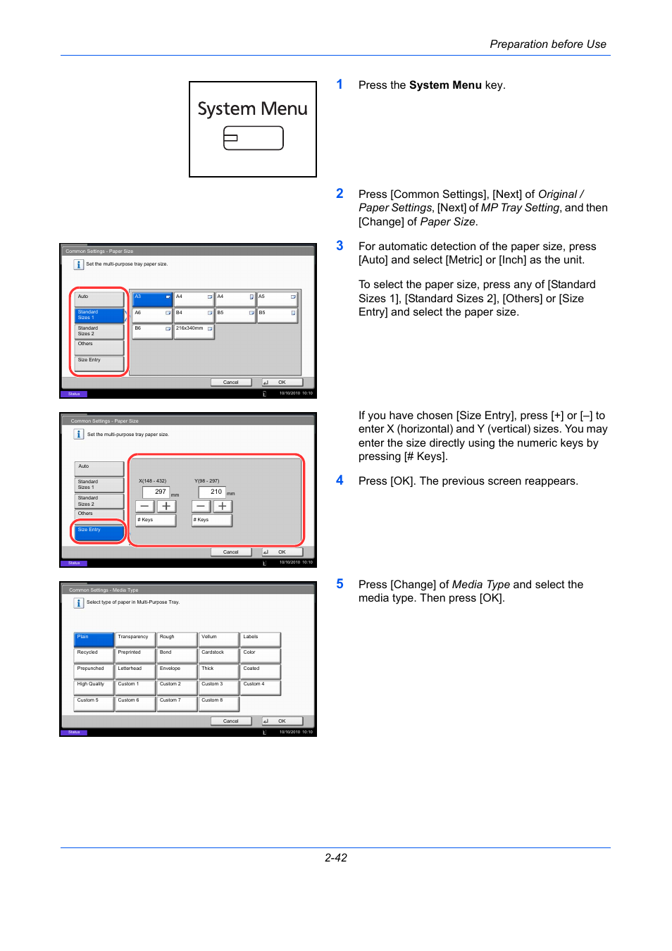 Preparation before use 2-42, Press the system menu key, Press [ok]. the previous screen reappears | TA Triumph-Adler DC 2435 User Manual | Page 88 / 568