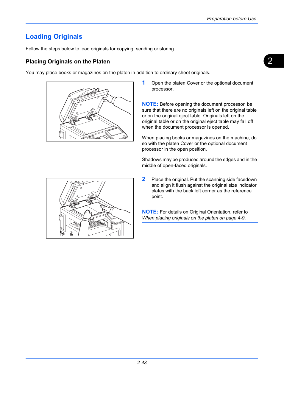 Loading originals, Placing originals on the platen, Loading originals -43 | Placing originals on, The platen -43, Placing originals on the platen -43 | TA Triumph-Adler DC 2435 User Manual | Page 89 / 568