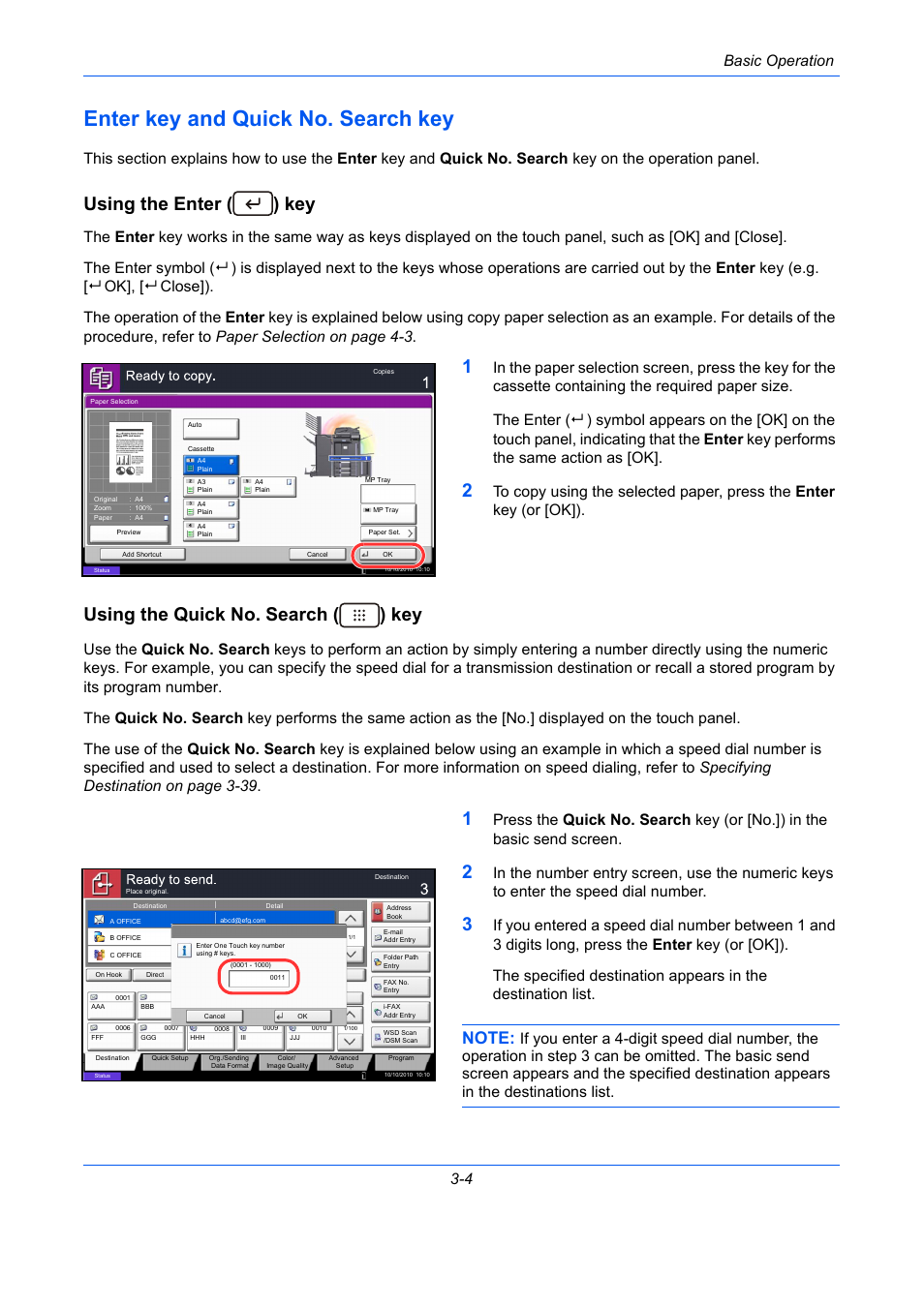 Enter key and quick no. search key, Using the enter () key, Using the quick no. search () key | Enter key and quick no. search key -4, Using the enter ( ) key, Using the quick no. search ( ) key, Basic operation 3-4 | TA Triumph-Adler DC 2435 User Manual | Page 98 / 568