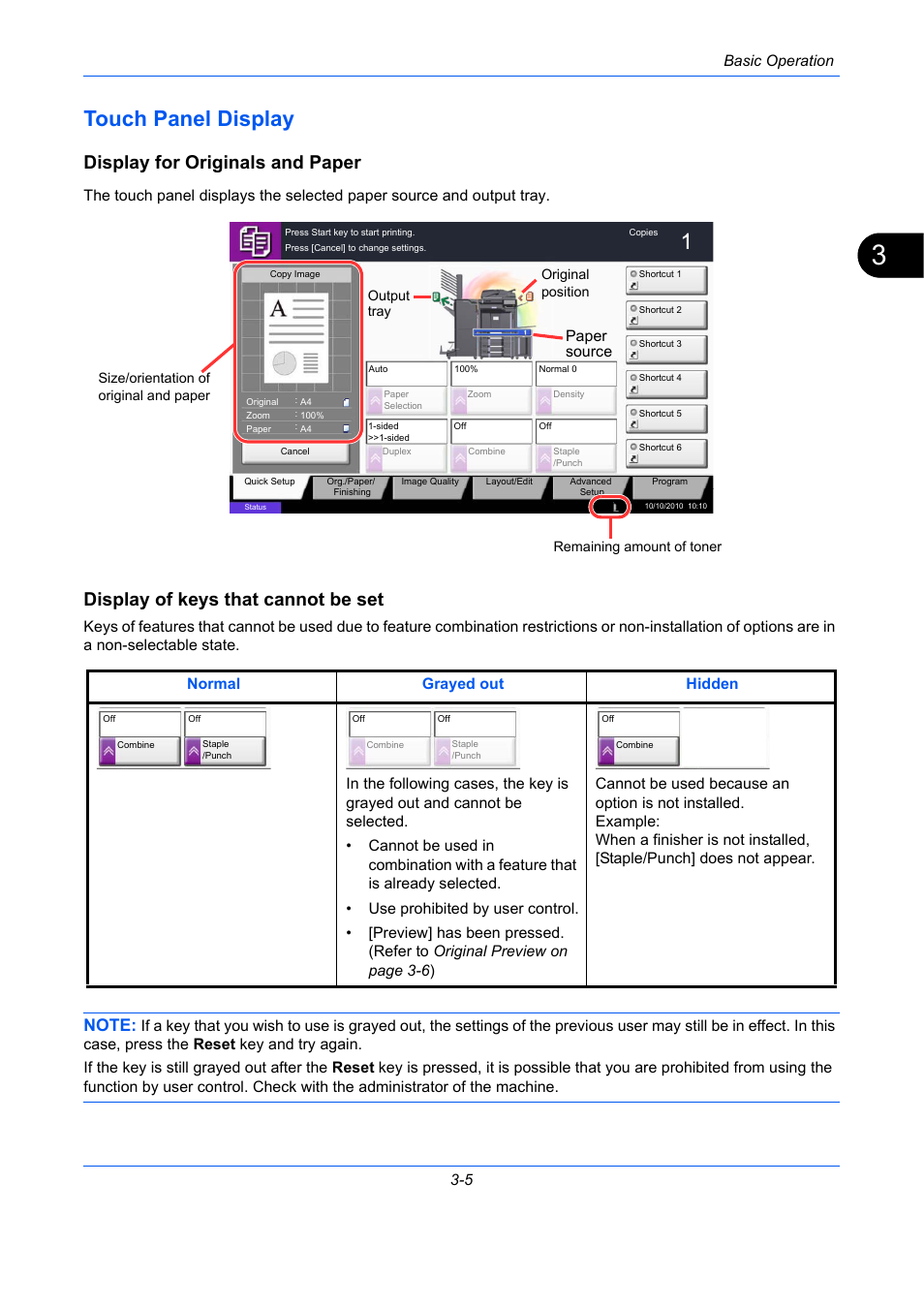 Touch panel display, Display for originals and paper, Display of keys that cannot be set | Touch panel display -5, Basic operation 3-5, Paper source | TA Triumph-Adler DC 2435 User Manual | Page 99 / 568