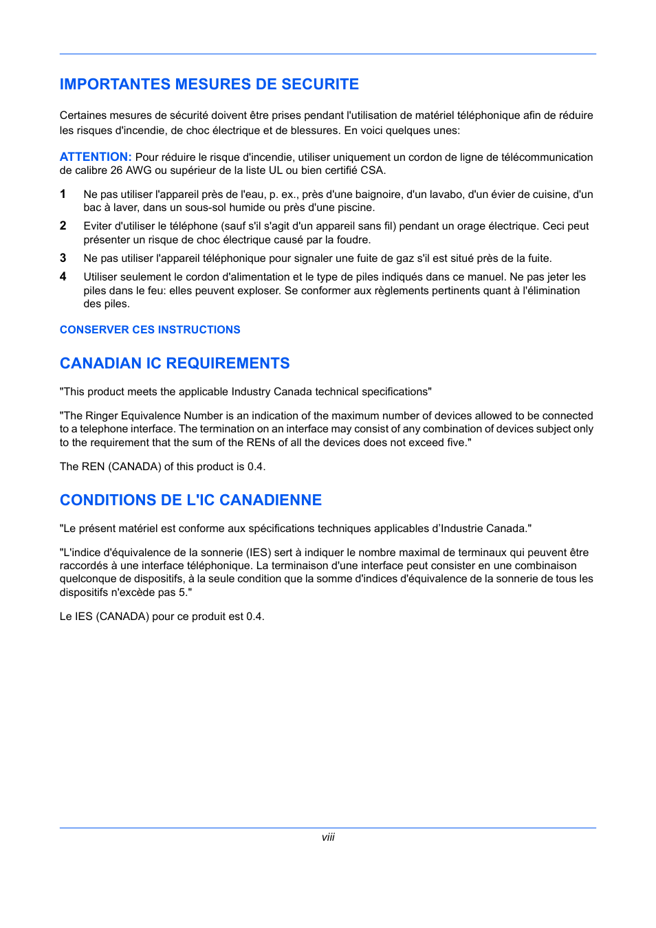 Importantes mesures de securite, Canadian ic requirements, Conditions de l'ic canadienne | TA Triumph-Adler DC 2435 User Manual | Page 10 / 250