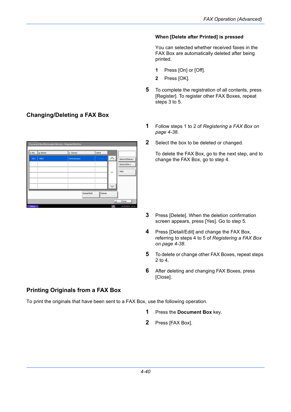 Changing/deleting a fax box, Printing originals from a fax box, Changing/deleting a fax box 1 | TA Triumph-Adler DC 2435 User Manual | Page 108 / 250