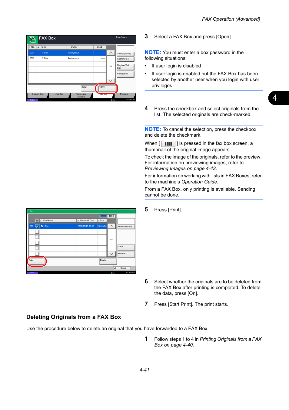 Deleting originals from a fax box, Fax operation (advanced) 4-41, Select a fax box and press [open | Press [print, Press [start print]. the print starts | TA Triumph-Adler DC 2435 User Manual | Page 109 / 250