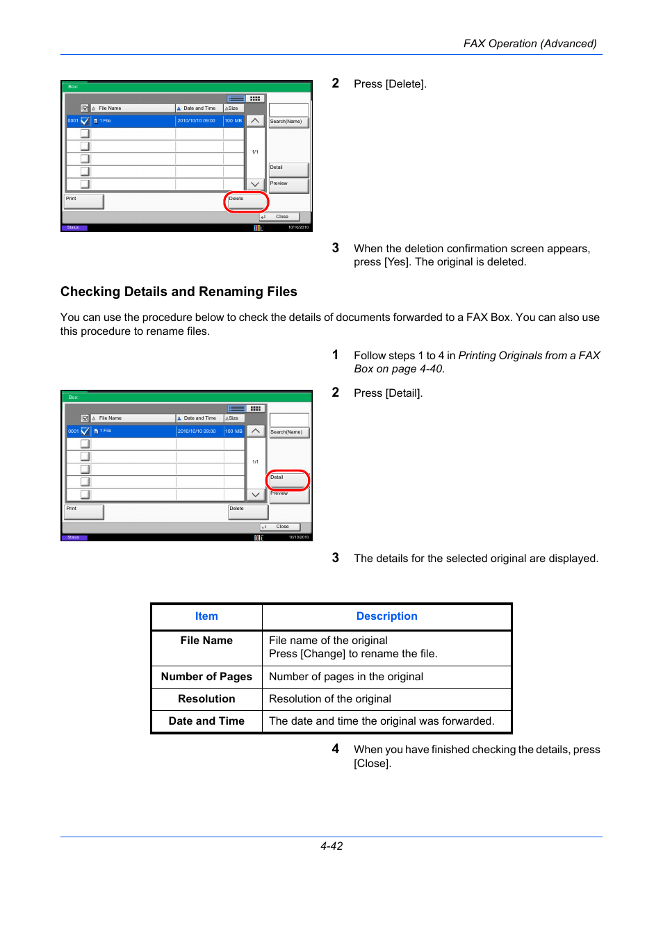 Checking details and renaming files, Fax operation (advanced) 4-42, Press [delete | Press [detail | TA Triumph-Adler DC 2435 User Manual | Page 110 / 250