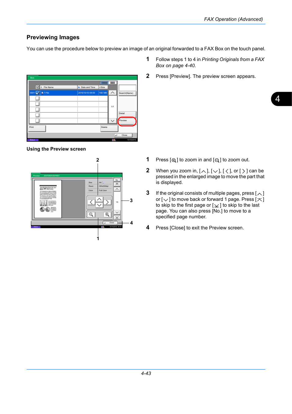 Previewing images, Fax operation (advanced) 4-43, Press [ ] to zoom in and [ ] to zoom out | Press [close] to exit the preview screen | TA Triumph-Adler DC 2435 User Manual | Page 111 / 250