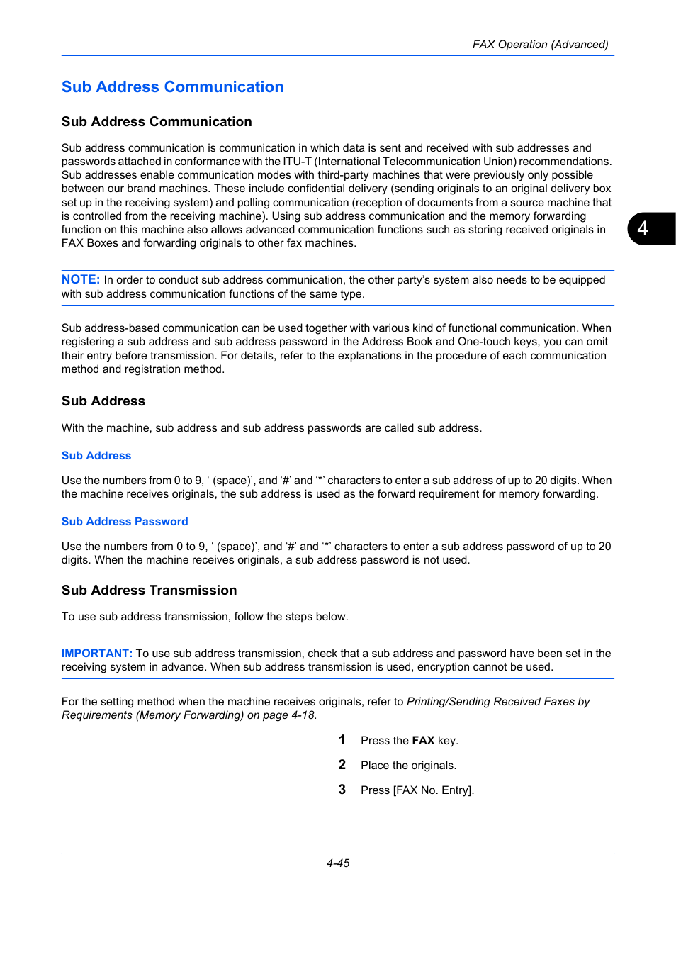 Sub address communication, Sub address, Sub address transmission | Sub address communication -45 | TA Triumph-Adler DC 2435 User Manual | Page 113 / 250