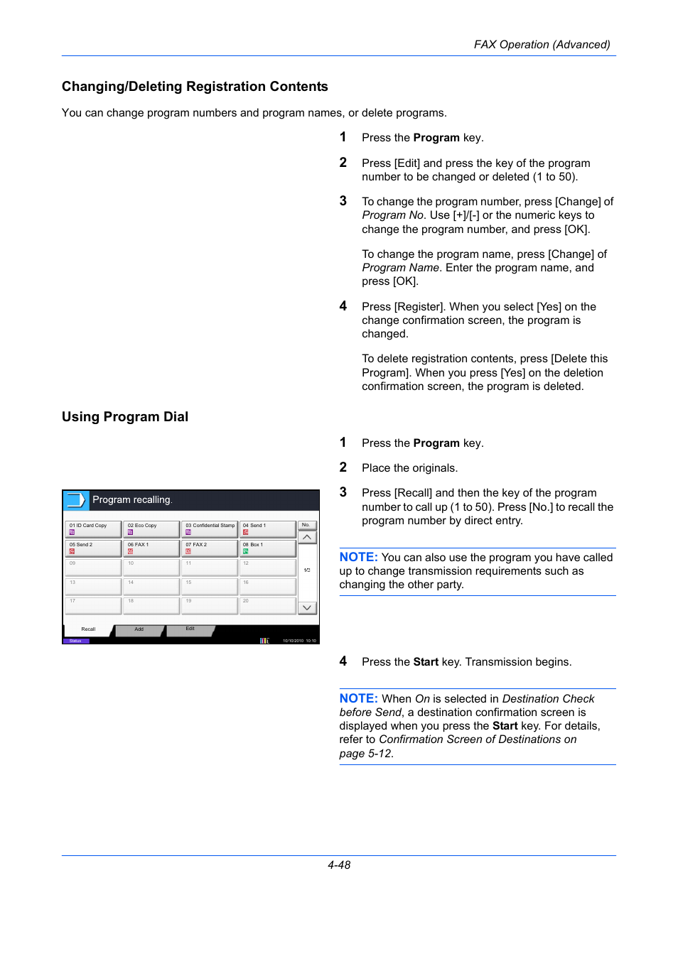 Changing/deleting registration contents, Using program dial, Using program dial 1 | Fax operation (advanced) 4-48, Press the program key, Place the originals, Press the start key. transmission begins | TA Triumph-Adler DC 2435 User Manual | Page 116 / 250