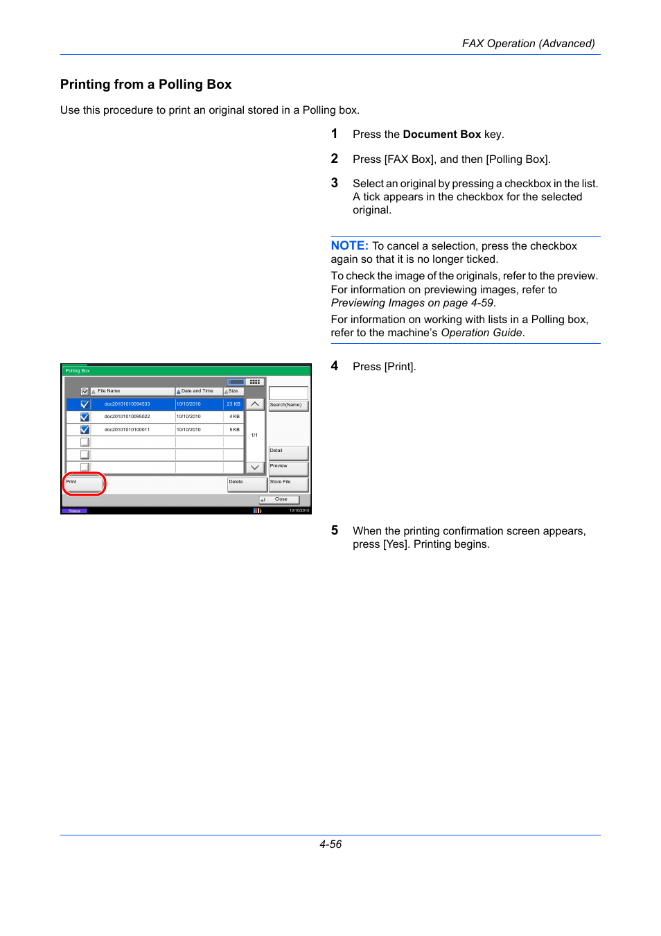 Printing from a polling box, Fax operation (advanced) 4-56, Press the document box key | Press [fax box], and then [polling box, Press [print | TA Triumph-Adler DC 2435 User Manual | Page 124 / 250