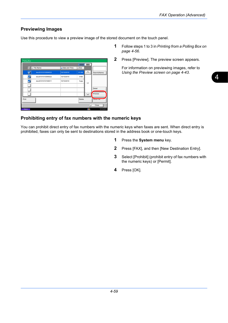 Previewing images, Fax operation (advanced) 4-59, Press the system menu key | Press [fax], and then [new destination entry, Press [ok | TA Triumph-Adler DC 2435 User Manual | Page 127 / 250