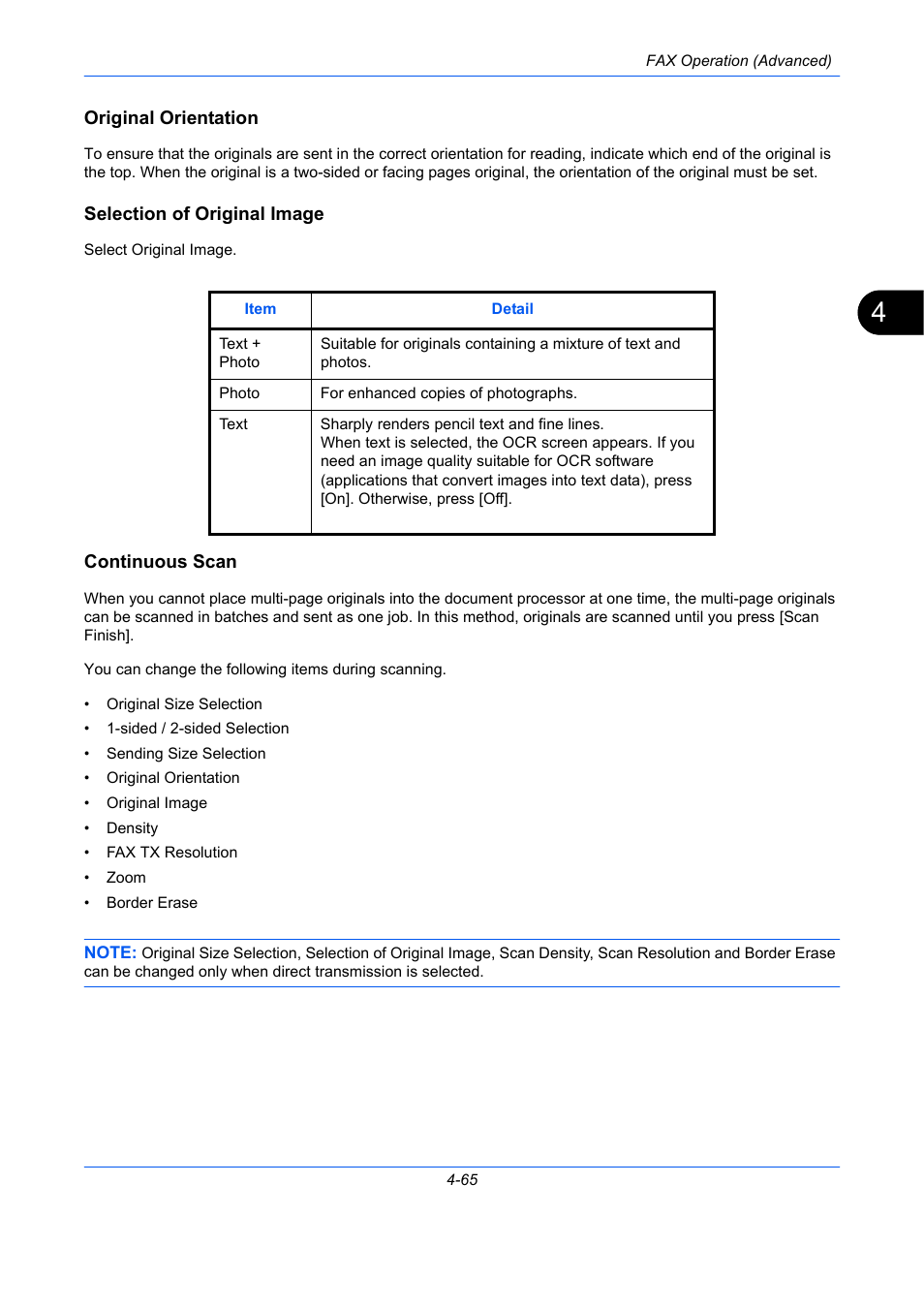 Original orientation, Selection of original image, Continuous scan | TA Triumph-Adler DC 2435 User Manual | Page 133 / 250