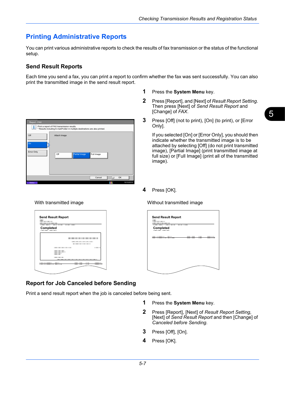 Printing administrative reports, Send result reports, Report for job canceled before sending | Printing administrative reports -7 | TA Triumph-Adler DC 2435 User Manual | Page 143 / 250