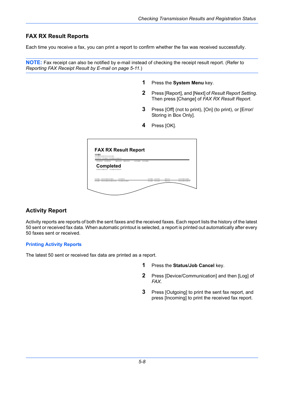 Fax rx result reports, Activity report | TA Triumph-Adler DC 2435 User Manual | Page 144 / 250