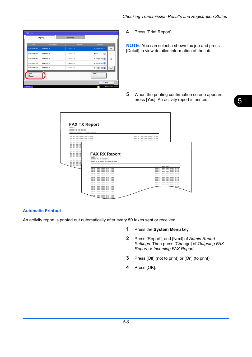 Fax tx report fax rx report, Press [print report, Press the system menu key | Press [off] (not to print) or [on] (to print), Press [ok | TA Triumph-Adler DC 2435 User Manual | Page 145 / 250