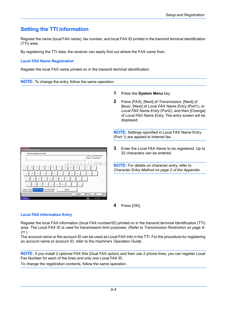 Setting the tti information, Setting the tti information -4, Setup and registration 6-4 | Press the system menu key | TA Triumph-Adler DC 2435 User Manual | Page 152 / 250