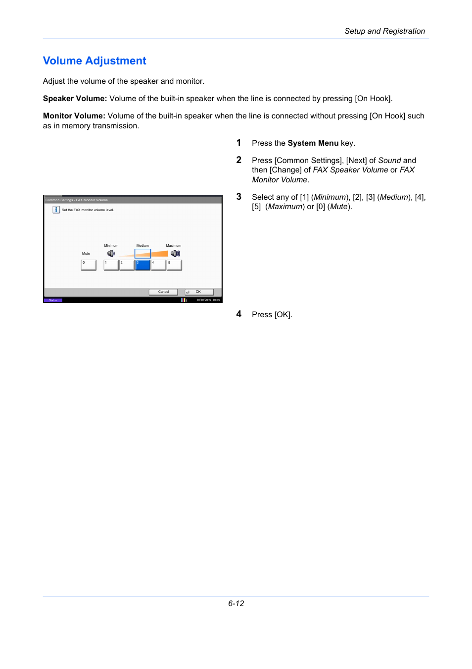 Volume adjustment, Volume adjustment -12, Setup and registration 6-12 | Press the system menu key, Press [ok | TA Triumph-Adler DC 2435 User Manual | Page 160 / 250