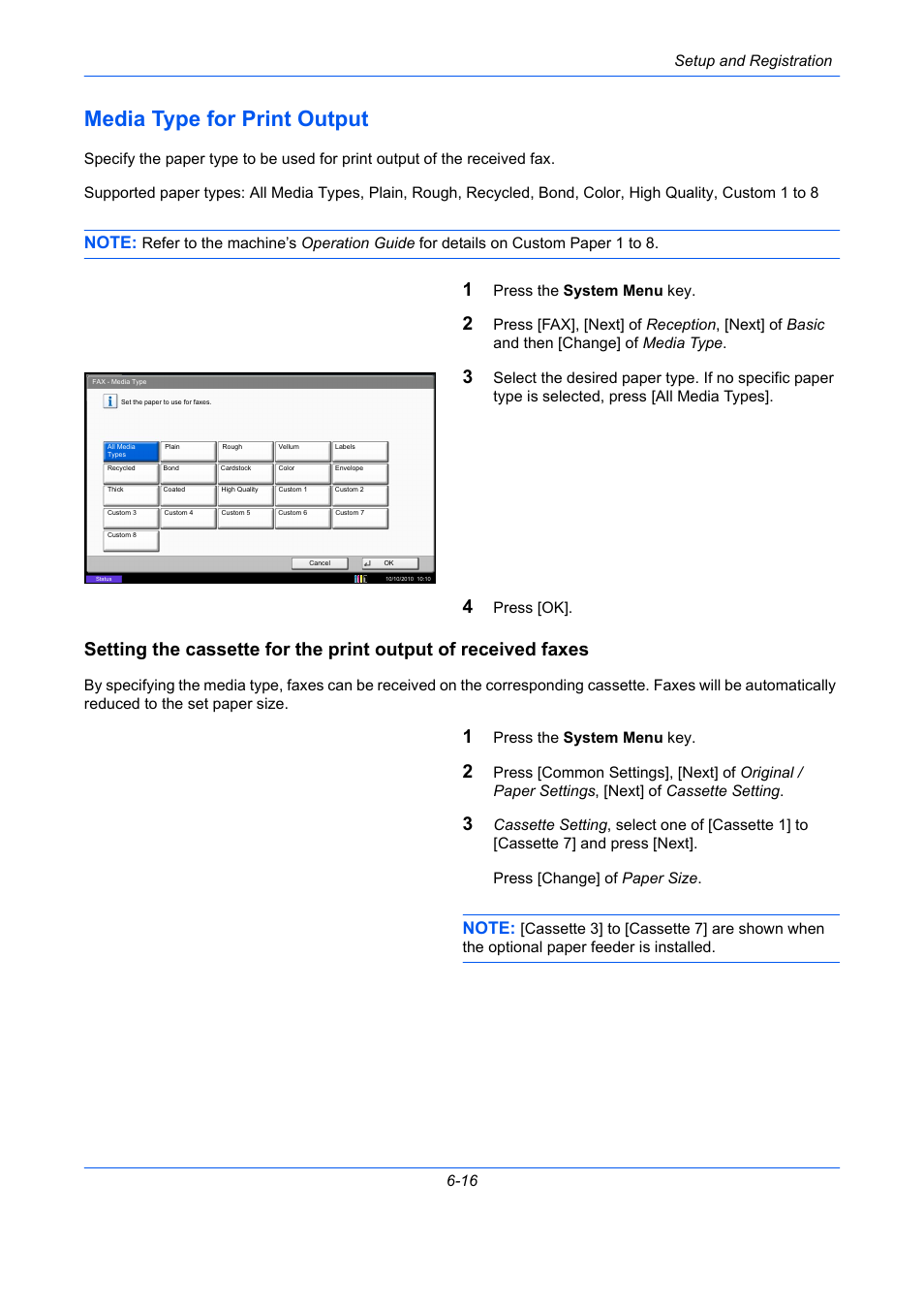 Media type for print output, Media type for print output -16, Setup and registration 6-16 | Press the system menu key, Press [ok | TA Triumph-Adler DC 2435 User Manual | Page 164 / 250