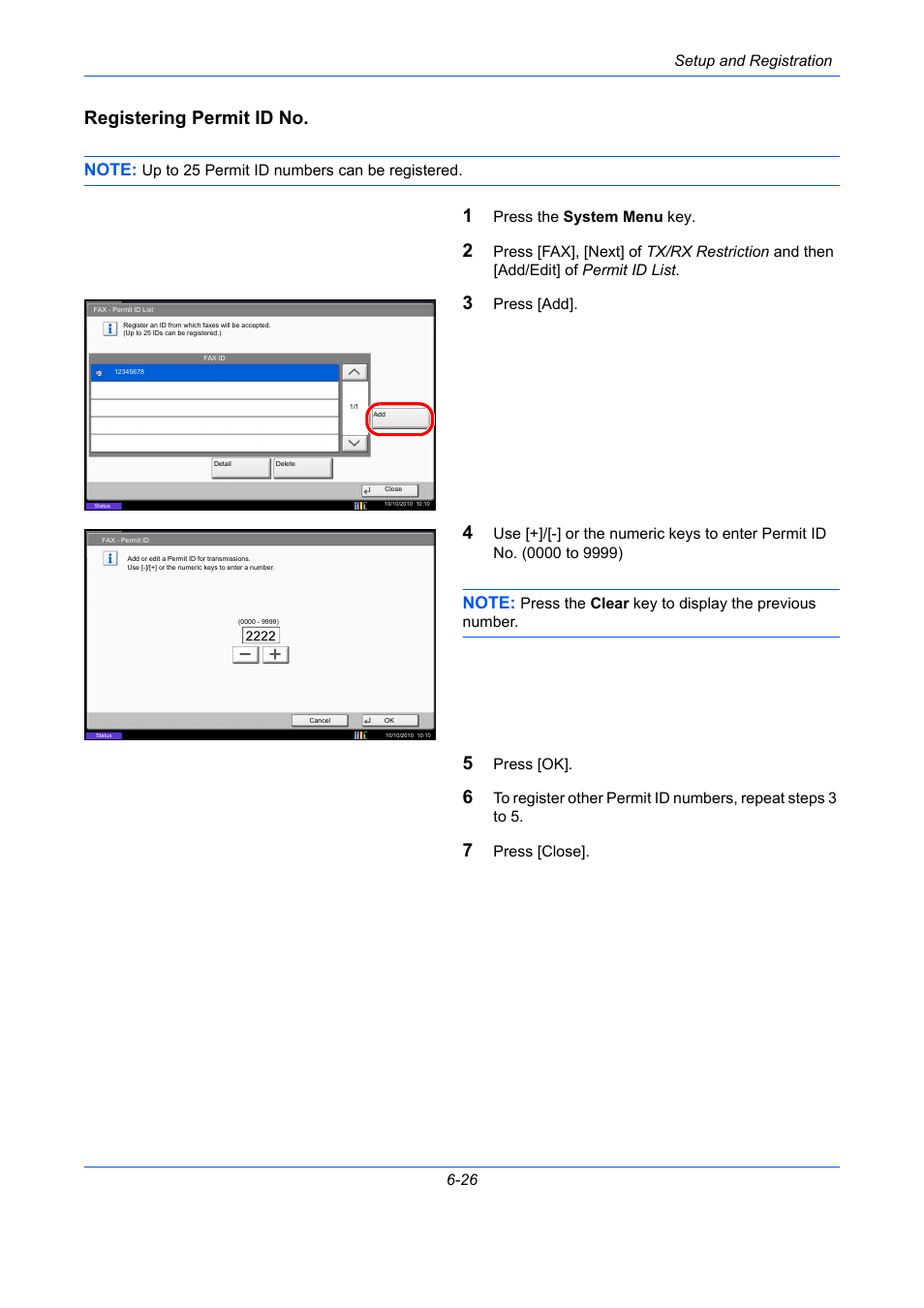 Registering permit id no, Setup and registration 6-26, Up to 25 permit id numbers can be registered | Press the system menu key, Press [add, Press the clear key to display the previous number, Press [ok, Press [close | TA Triumph-Adler DC 2435 User Manual | Page 174 / 250