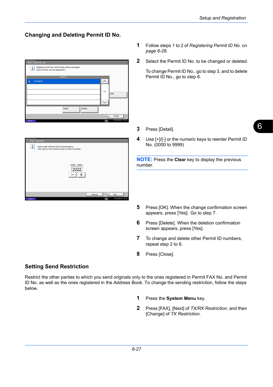 Changing and deleting permit id no, Setting send restriction, Changing and deleting permit id no. 1 | TA Triumph-Adler DC 2435 User Manual | Page 175 / 250