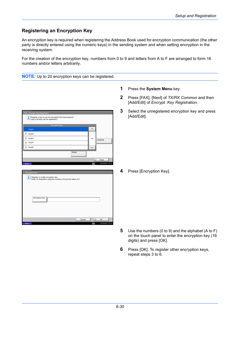 Registering an encryption key, Setup and registration 6-30, Up to 20 encryption keys can be registered | Press the system menu key, Press [encryption key | TA Triumph-Adler DC 2435 User Manual | Page 178 / 250