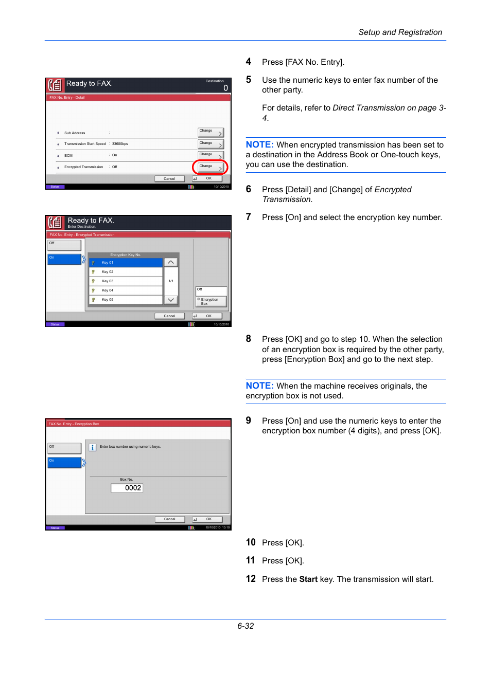 Setup and registration 6-32, Press [fax no. entry, Press [on] and select the encryption key number | Press [ok, Press the start key. the transmission will start | TA Triumph-Adler DC 2435 User Manual | Page 180 / 250