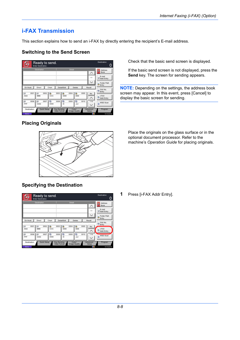 I-fax transmission, Switching to the send screen, Placing originals | Specifying the destination, I-fax transmission -8, Specifying the destination 1, Internet faxing (i-fax) (option) 8-8, Press [i-fax addr entry | TA Triumph-Adler DC 2435 User Manual | Page 200 / 250