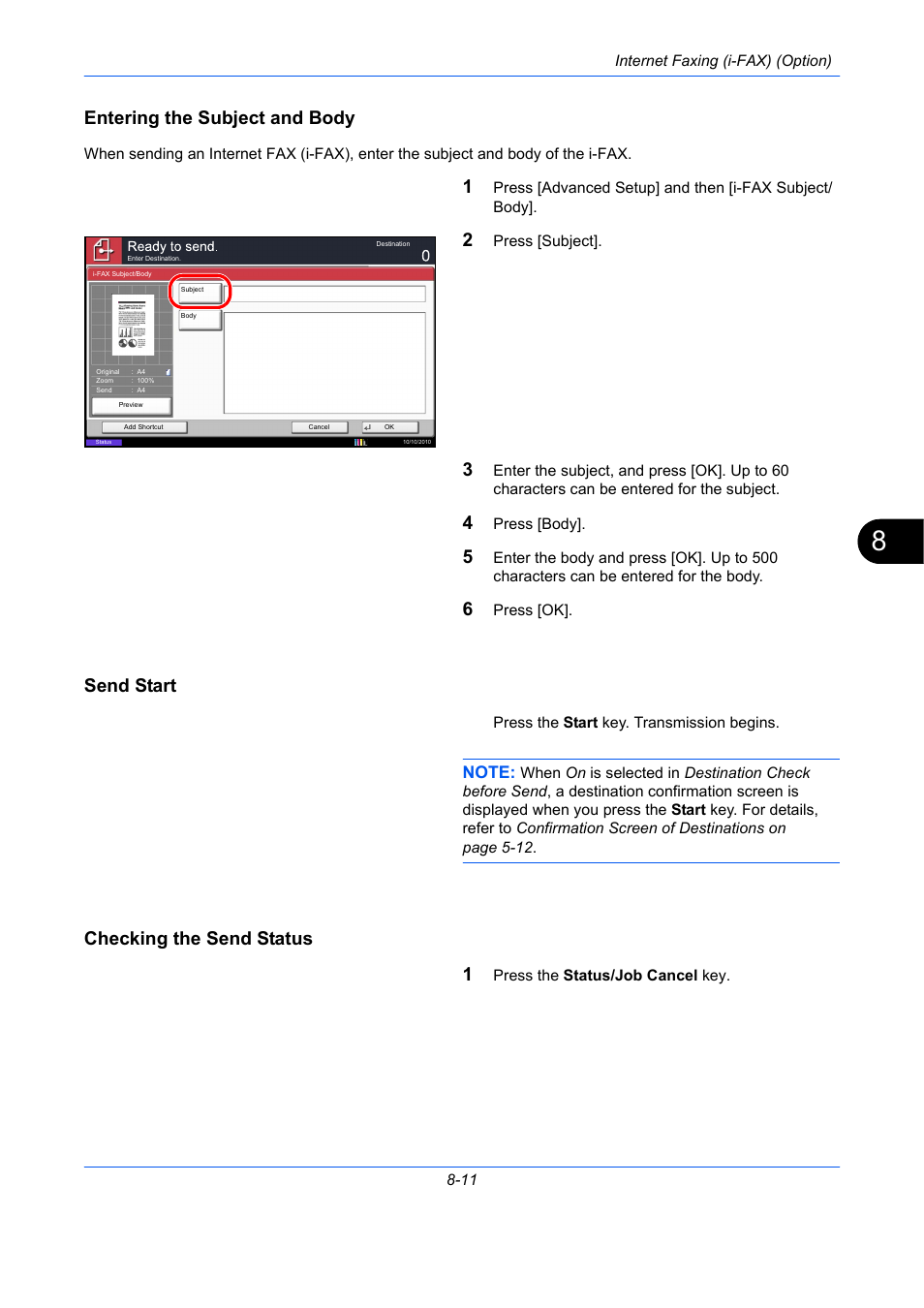 Entering the subject and body, Send start, Checking the send status | Checking the send status 1 | TA Triumph-Adler DC 2435 User Manual | Page 203 / 250