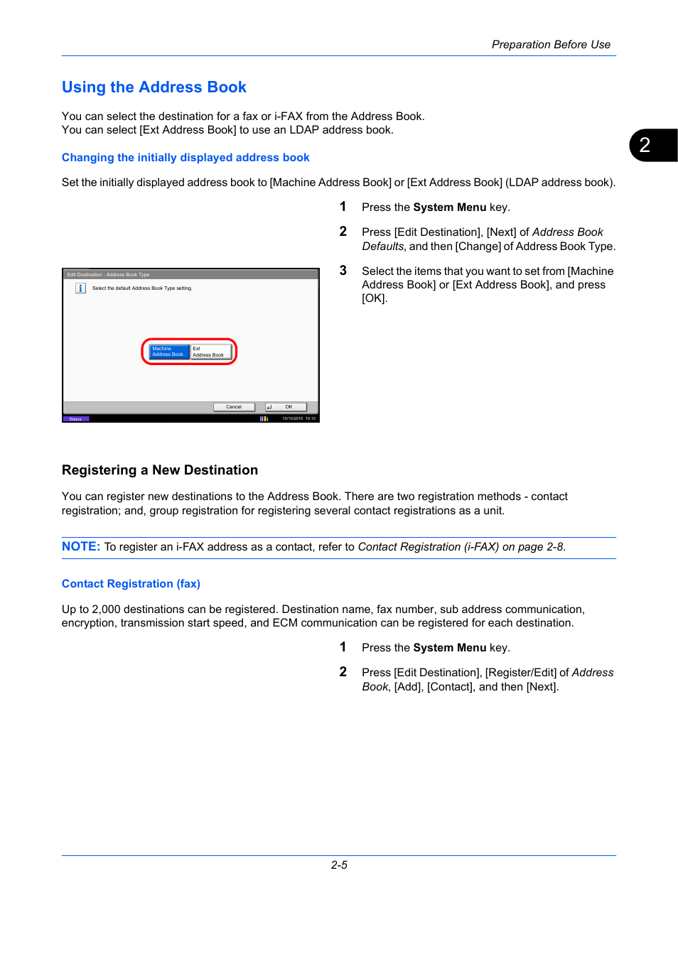 Using the address book, Registering a new destination, Using the address book -5 | TA Triumph-Adler DC 2435 User Manual | Page 29 / 250