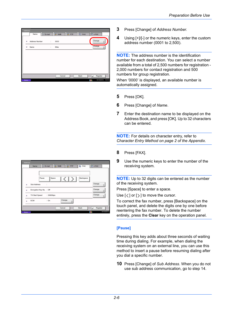 Preparation before use 2-6, Press [change] of address number, Press [ok | Press [change] of name, Press [fax | TA Triumph-Adler DC 2435 User Manual | Page 30 / 250