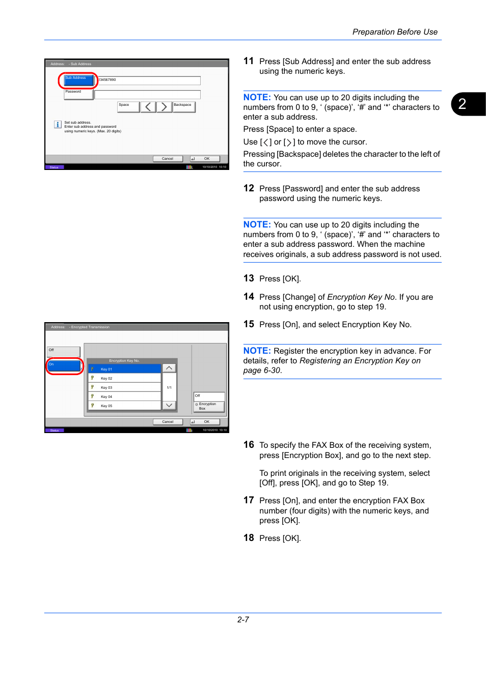 Preparation before use 2-7, Press [ok, Press [on], and select encryption key no | TA Triumph-Adler DC 2435 User Manual | Page 31 / 250