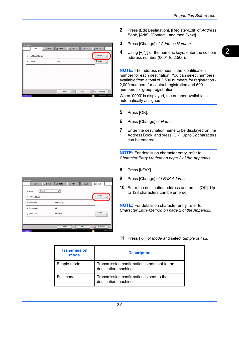 Preparation before use 2-9, Press [change] of address number, Press [ok | Press [change] of name, Press [i-fax, Press [change] of i-fax address, Press [ ] of mode and select simple or full | TA Triumph-Adler DC 2435 User Manual | Page 33 / 250