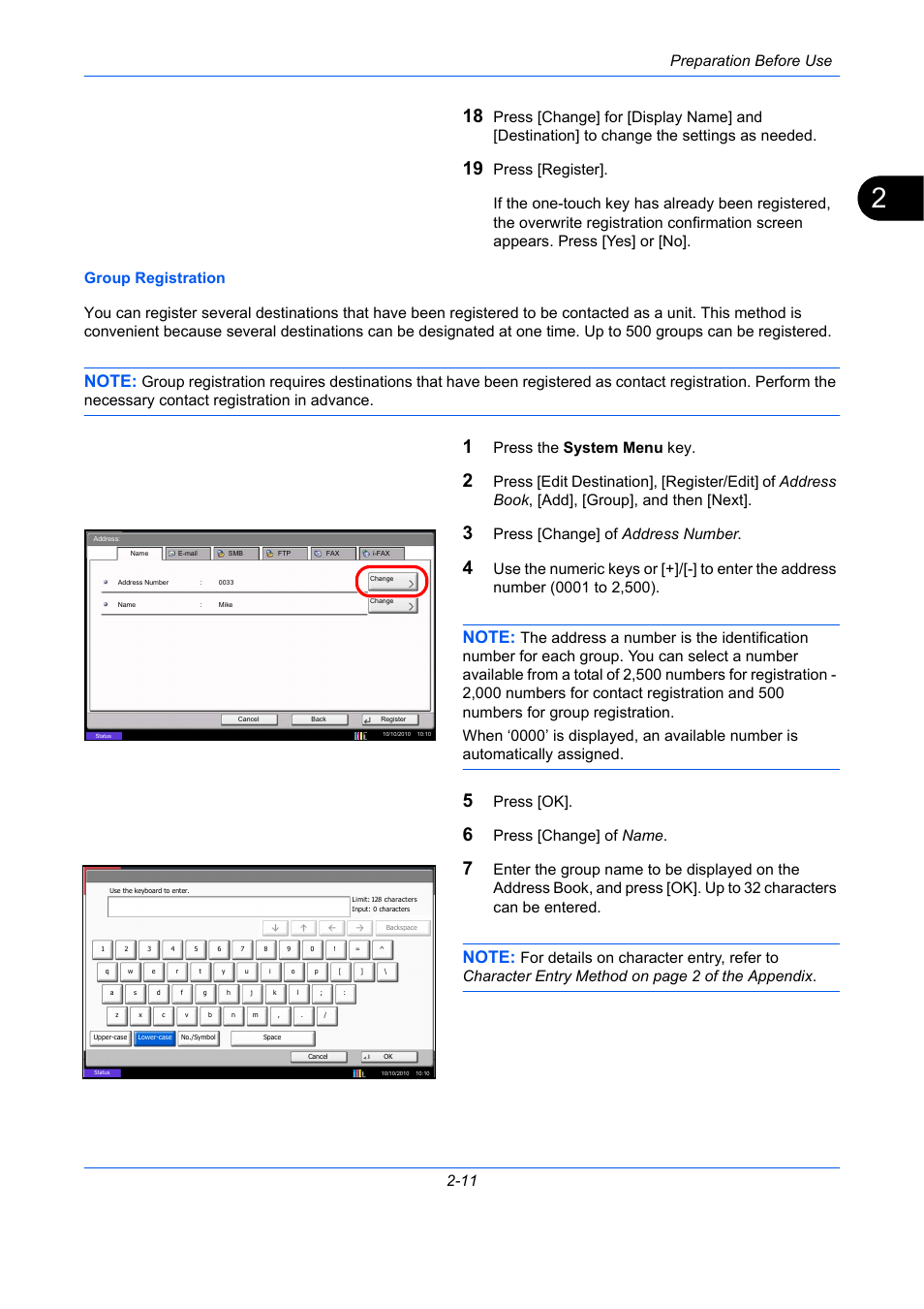 Preparation before use 2-11, Press the system menu key, Press [change] of address number | Press [ok, Press [change] of name | TA Triumph-Adler DC 2435 User Manual | Page 35 / 250