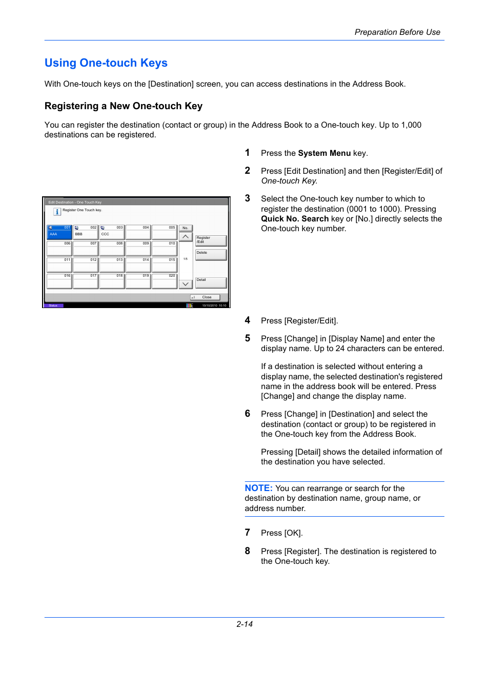 Using one-touch keys, Registering a new one-touch key, Using one-touch keys -14 | Preparation before use 2-14, Press the system menu key, Press [register/edit, Press [ok | TA Triumph-Adler DC 2435 User Manual | Page 38 / 250