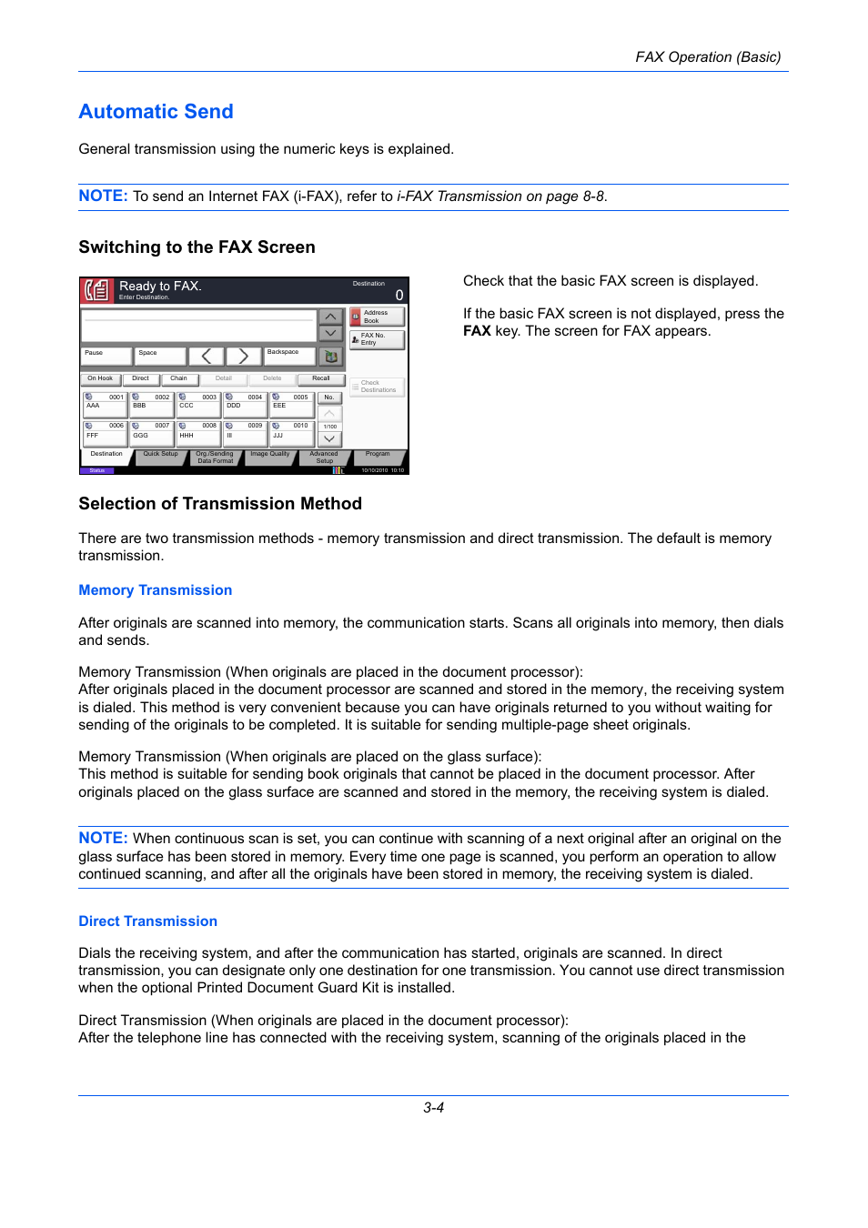 Automatic send, Switching to the fax screen, Selection of transmission method | Automatic send -4, Fax operation (basic) 3-4 | TA Triumph-Adler DC 2435 User Manual | Page 44 / 250