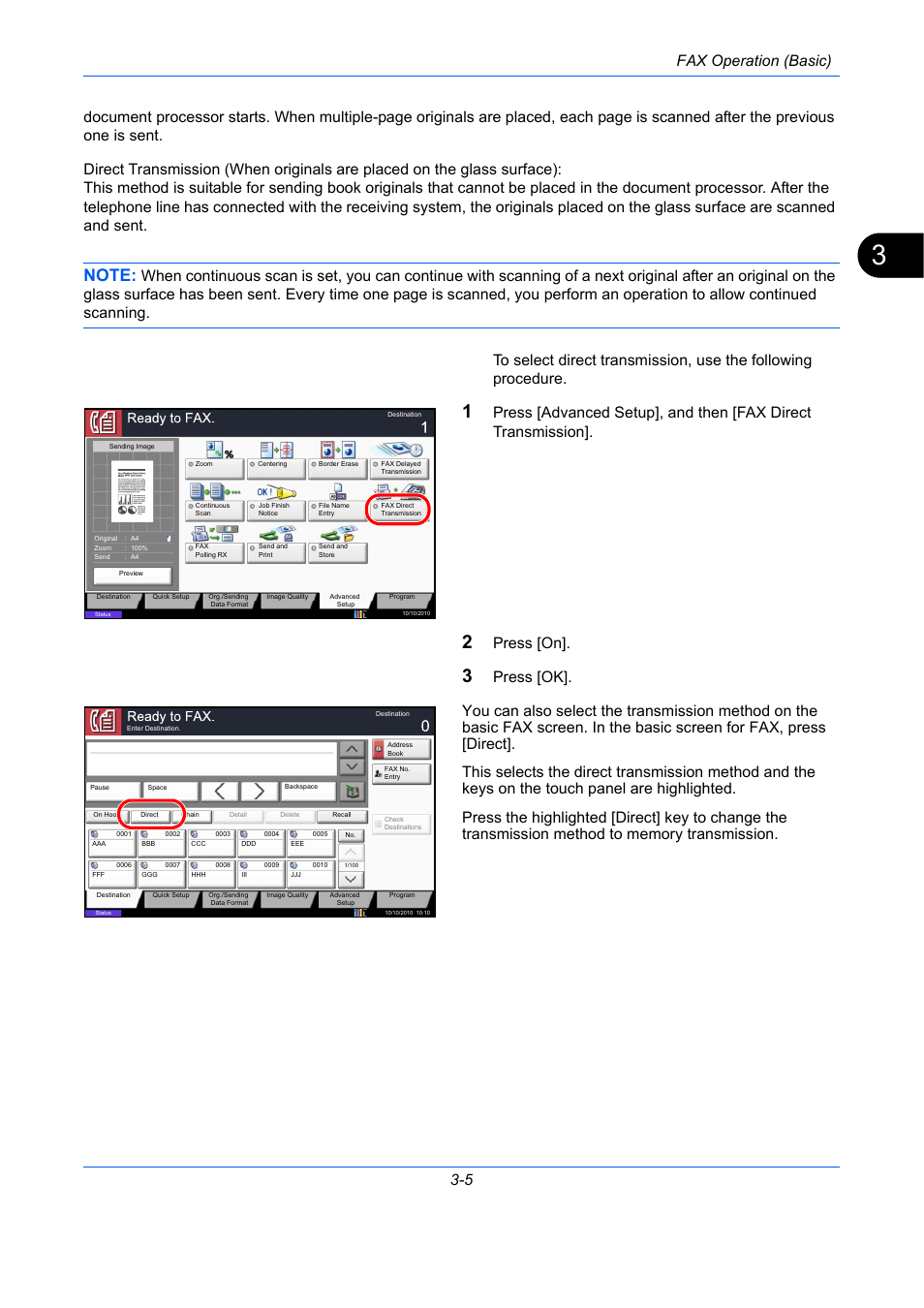 Fax operation (basic) 3-5, Press [on | TA Triumph-Adler DC 2435 User Manual | Page 45 / 250