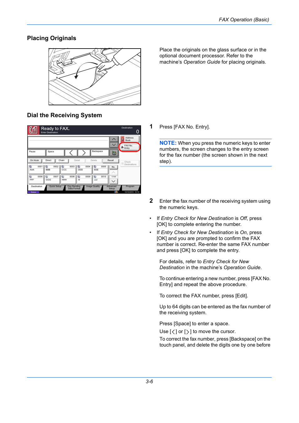 Placing originals, Dial the receiving system, Dial the receiving system 1 | Fax operation (basic) 3-6, Press [fax no. entry | TA Triumph-Adler DC 2435 User Manual | Page 46 / 250